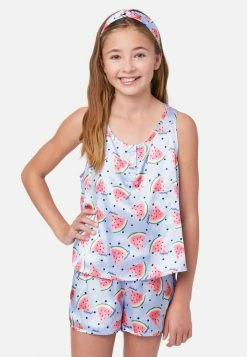 KOMAR Patterned Satin Shorts Pajama Set Plus Sizes