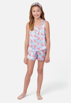 KOMAR Patterned Satin Shorts Pajama Set Plus Sizes