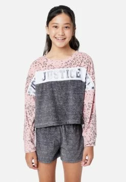 KOMAR Color Block Fleece Shorts And Pants Pajama Set Plus Sizes