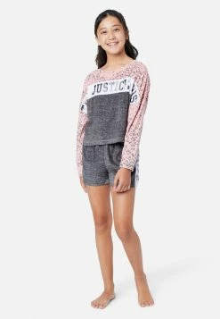 KOMAR Color Block Fleece Shorts And Pants Pajama Set Plus Sizes