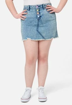 Adjmi Bottoms Distressed Rainbow-Button Denim Mini Skirt
