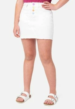 Adjmi Distressed Rainbow-Button Denim Mini Skirt Bottoms