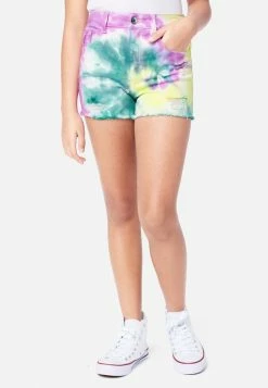 Adjmi Tie-Dye Distressed Mini Mom Denim Shorts