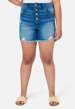 Adjmi Distressed High-Rise Midi Denim Shorts Bottoms