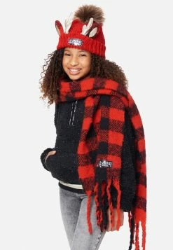 FANTASIA Buffalo Check Pom Pom Beanie Hat & Fringe Scarf